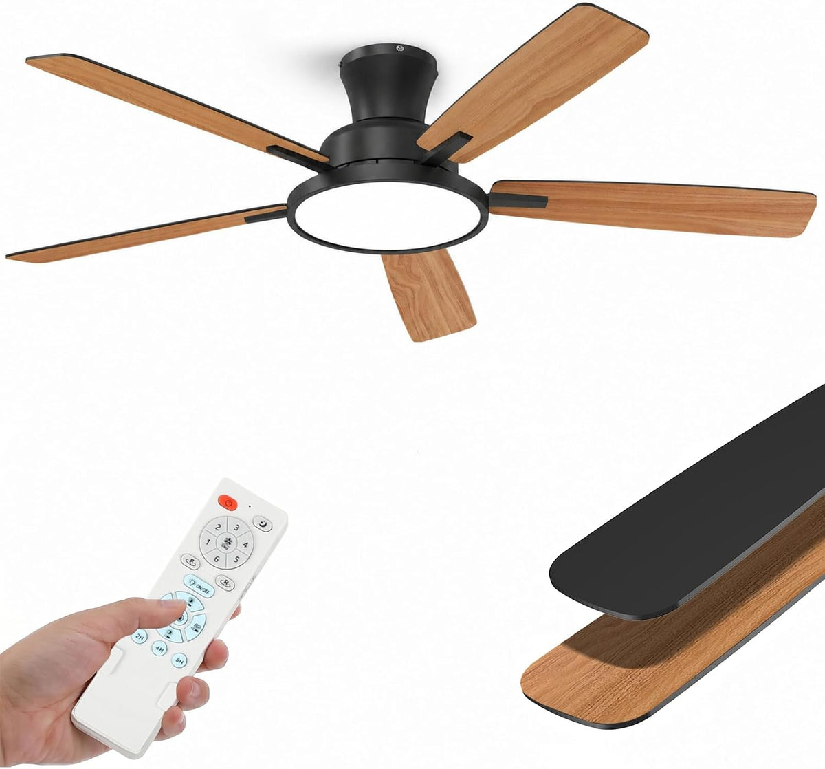 Ventoinha de teto com luz, Taloya, Deckenventilator, 132 cm, 35 dB, com iluminação LED, com comando à distância, Preto / Holz, para uso diário