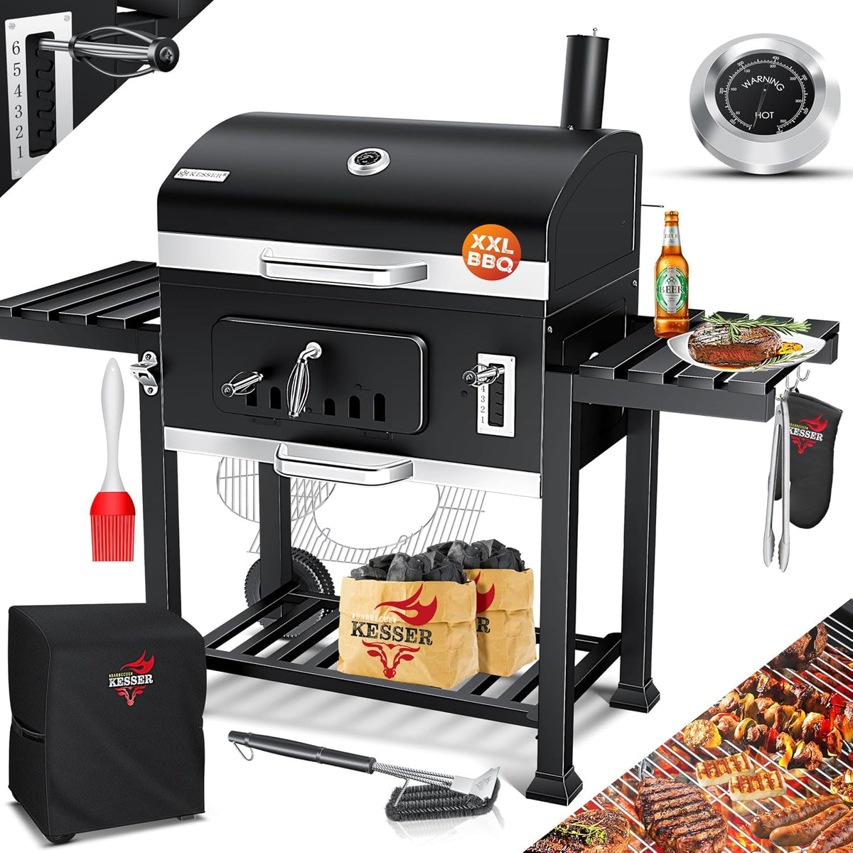 Grelhador a carvão, KESSER, Holzkohlegrill, 41,5 cm, 24 cm, 56 × 41,5 cm, 54 × 24 cm, com rodas, aço inoxidável, aço, Preto / Prateado