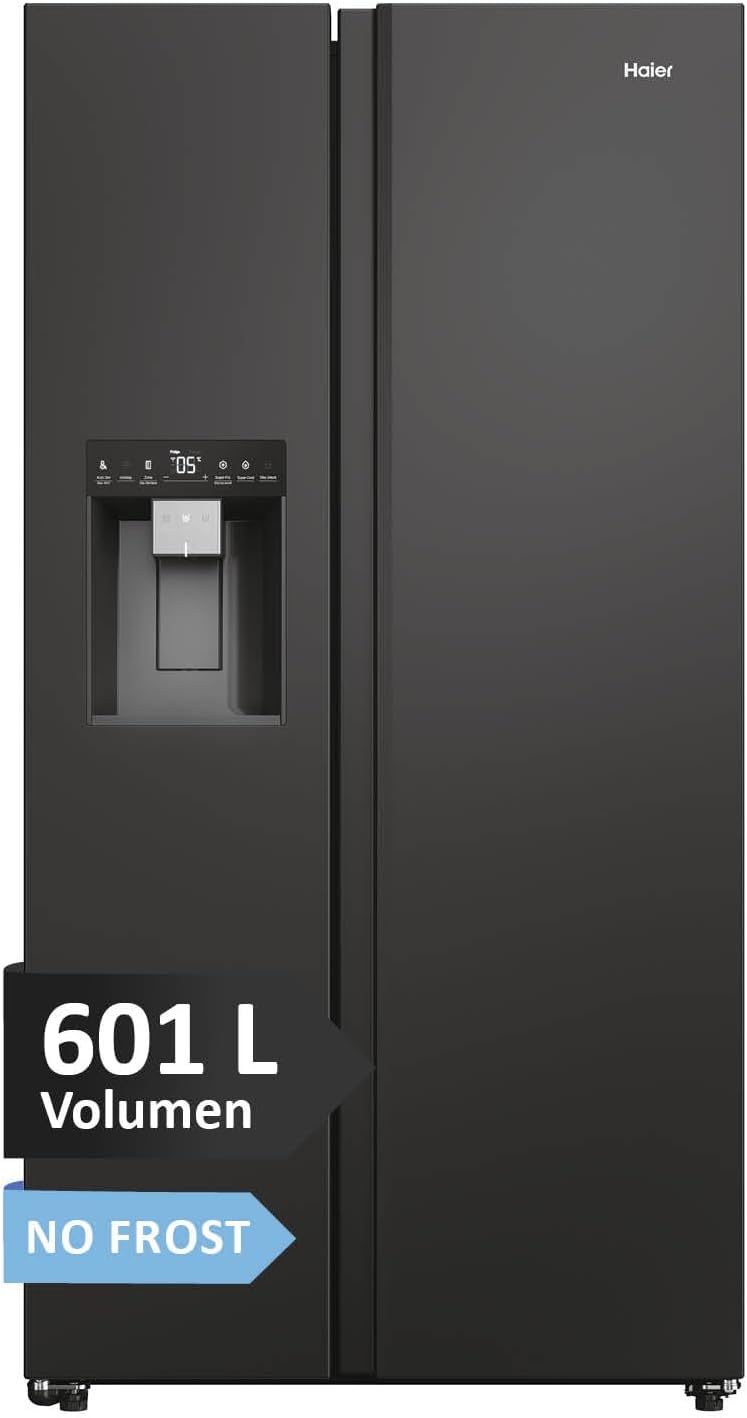 Frigorífico combinado, Haier, Side-by-Side, 72,6 cm, 601 L, 177,5 × 90,5 × 72,6 cm, 90,5 cm, Preto, para uso diário