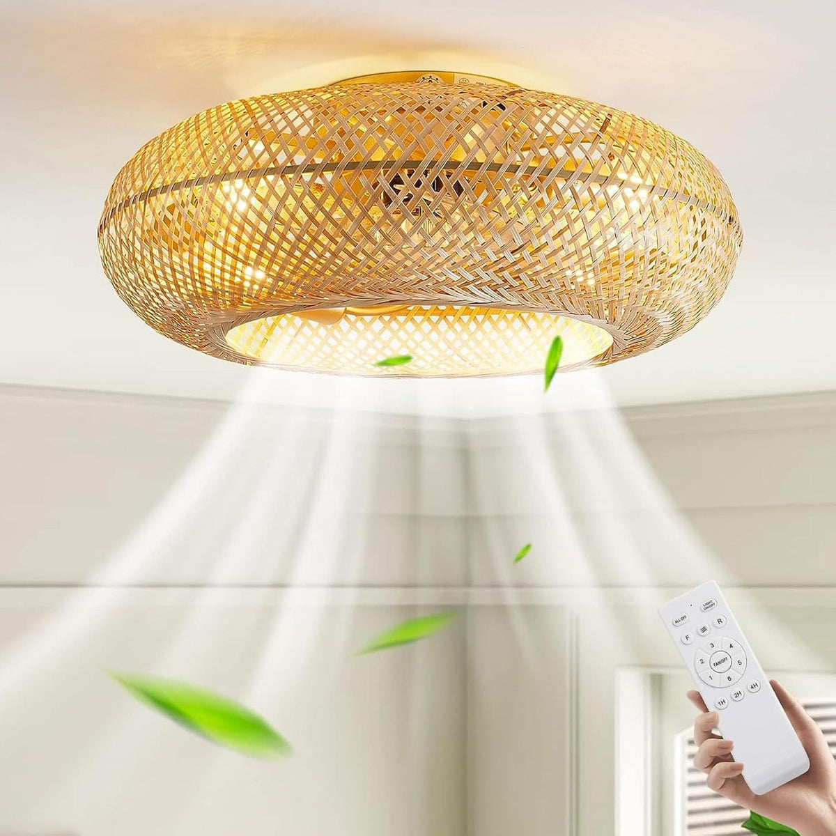 Ventoinha de teto com luz, MiiR, Deckenventilator, 60 W, com iluminação LED, com comando à distância, com temporizador, Bege, para uso diário