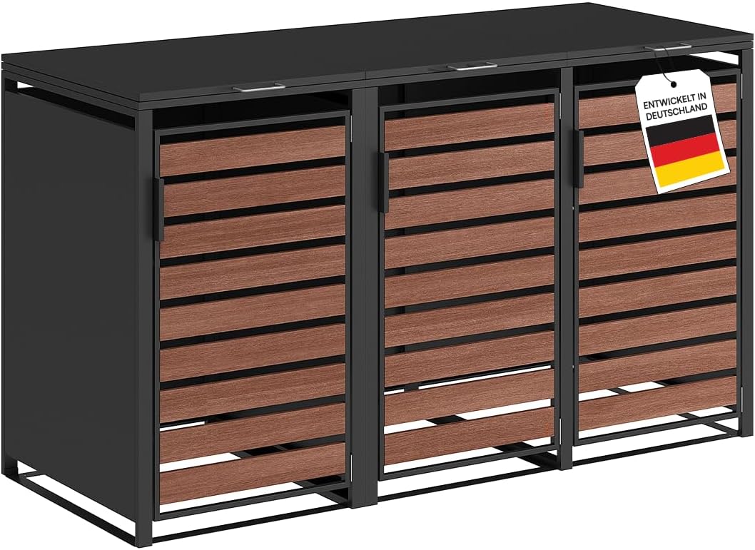 Abrigo para contentores, STEELSØN, Kestra, 240L, aço, madeira, GraphitPreto / Nußbaum, para utilização no exterior
