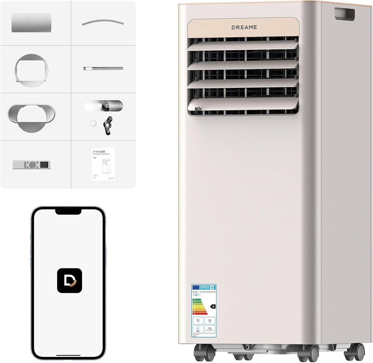 Ar condicionado portátil, dreame, P-Wind10, 305 × 285 × 700 mm, com comando à distância, com temporizador, com controlo por aplicação, Branco