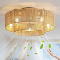 Ventoinha de teto com luz, KZT, Rattan, 2 níveis, 4 níveis, 6 níveis, com comando à distância, ratã, Bege, para uso diário