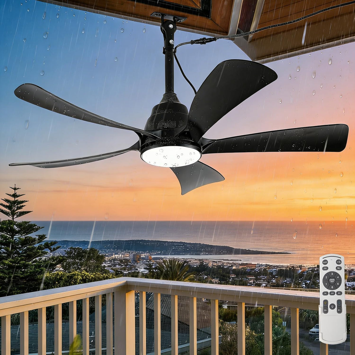 Ventoinha de teto com luz, DTSDWA, IP65, 106cm, 35 dB, resistente à água, com comando à distância, com temporizador, Preto, para uso diário