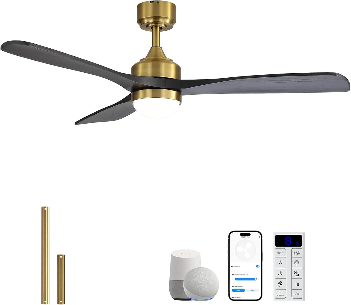 Ventoinha de teto com luz, Sofucor, Smart, 132cm, 18W, 20 dB, com comando à distância, com temporizador, com controlo por aplicação, madeira